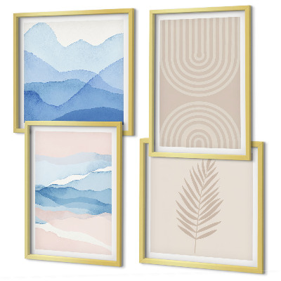 Conjunto de 4 quadros com moldura Ondas de folhas bege azul