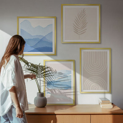 Conjunto de 4 quadros com moldura Ondas de folhas bege azul
