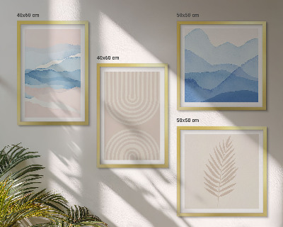 Conjunto de 4 quadros com moldura Ondas de folhas bege azul
