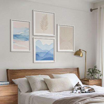 Conjunto de 4 quadros com moldura Ondas de folhas bege azul