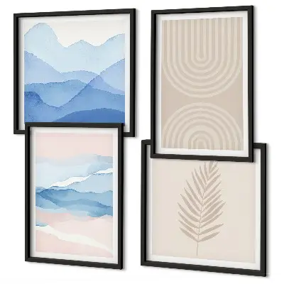 Conjunto de 4 quadros com moldura com estampas de ondas de folhas em tons de bege e azul