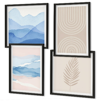Conjunto de 4 quadros com moldura Ondas de folhas bege azul