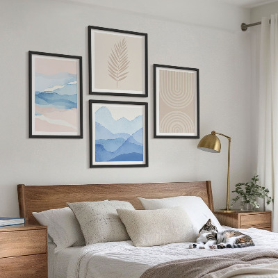 Conjunto de 4 quadros com moldura Ondas de folhas bege azul