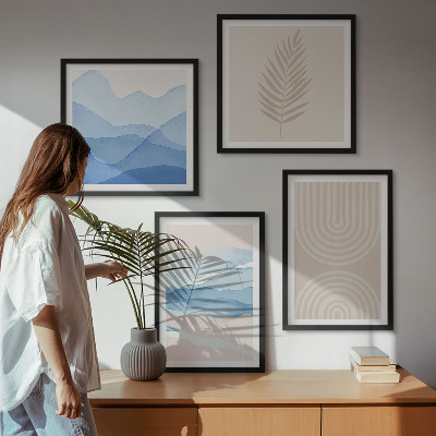 Conjunto de 4 quadros com moldura Ondas de folhas bege azul