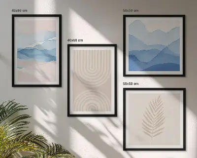 Conjunto de 4 quadros com moldura com estampas de ondas de folhas em tons de bege e azul