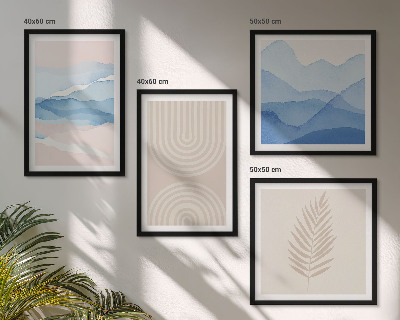 Conjunto de 4 quadros com moldura Ondas de folhas bege azul