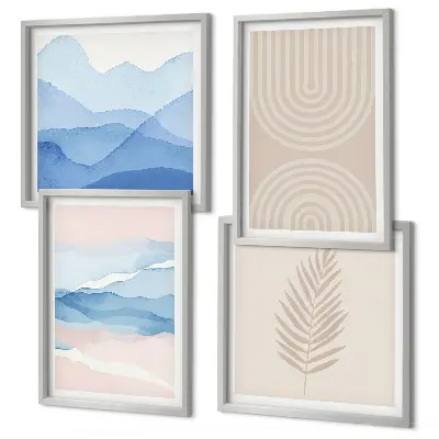 Conjunto de 4 quadros com moldura com estampas de ondas de folhas em tons de bege e azul