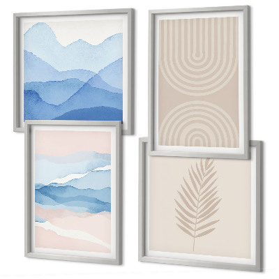 Conjunto de 4 quadros com moldura Ondas de folhas bege azul