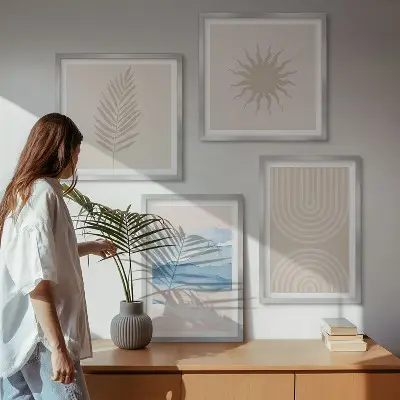 Políptico com moldura com estampa de linhas abstratas de ondas solares