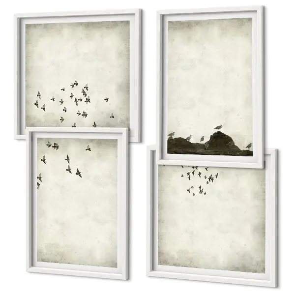 Pintura minimalista de pássaro políptico com moldura