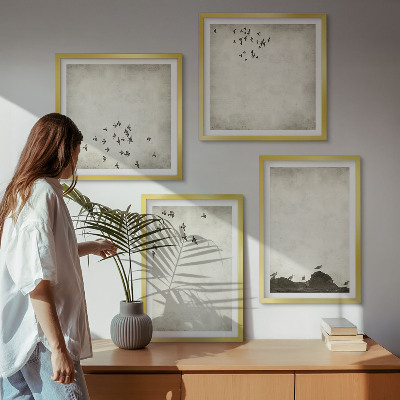 Políptico com moldura Pintura minimalista de pássaro
