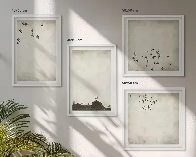 Pintura minimalista de pássaro políptico com moldura