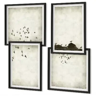 Pintura minimalista de pássaro políptico com moldura