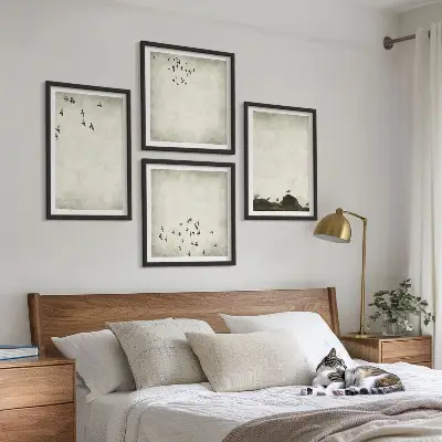 Pintura minimalista de pássaro políptico com moldura