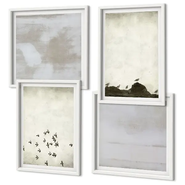 Conjunto de 4 quadros com moldura tema pássaros minimalistas em voo