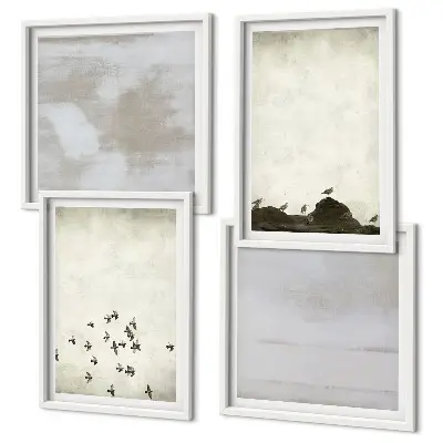 Conjunto de 4 quadros com moldura tema pássaros minimalistas em voo