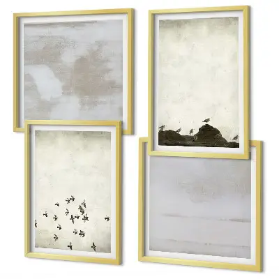 Conjunto de 4 quadros com moldura tema pássaros minimalistas em voo