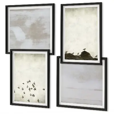Conjunto de 4 quadros com moldura tema pássaros minimalistas em voo