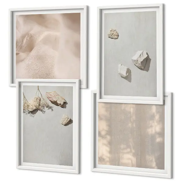 Composição de quadros com temática de praia em estilo boho com pedras