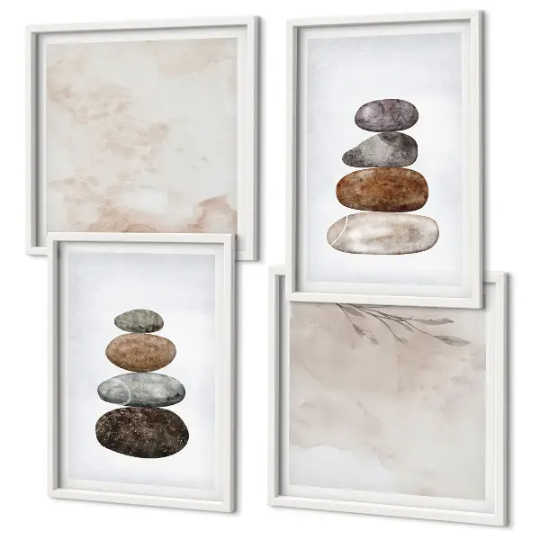 Composição de quadros pintura estilo boho com pilhas de pedras