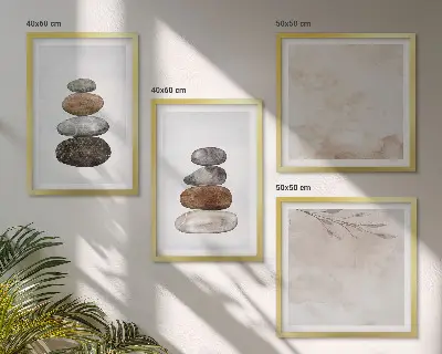 Composição de quadros pintura estilo boho com pilhas de pedras