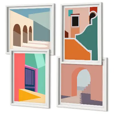 Composição de quadros com ilustrações coloridas da cidade