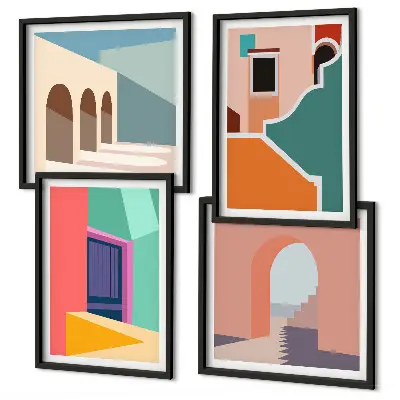 Composição de quadros com ilustrações coloridas da cidade