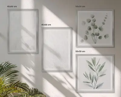 Composição de quadros com estrutura de mármore e galhos em tons pastel