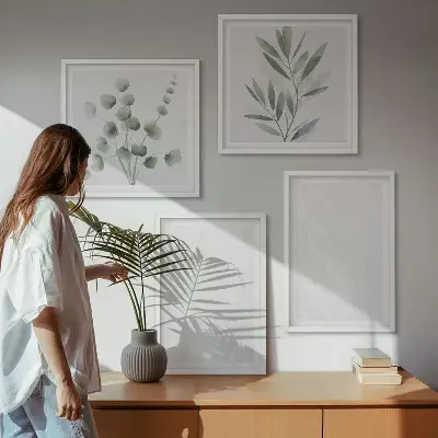 Composição de quadros com estrutura de mármore e galhos em tons pastel
