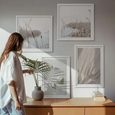 Conjunto de 4 quadros com moldura com detalhes de estrutura em estilo boho