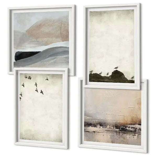 Conjunto de 4 quadros com moldura com estampa de pássaros e pedras