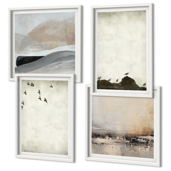 Conjunto de 4 quadros com moldura Decorações com pinceladas de pássaros e pedras