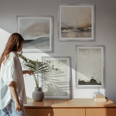 Conjunto de 4 quadros com moldura Decorações com pinceladas de pássaros e pedras