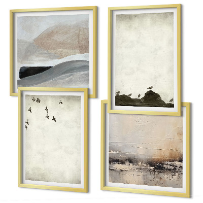 Conjunto de 4 quadros com moldura Decorações com pinceladas de pássaros e pedras