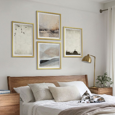 Conjunto de 4 quadros com moldura Decorações com pinceladas de pássaros e pedras