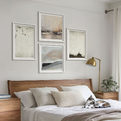 Conjunto de 4 quadros com moldura Decorações com pinceladas de pássaros e pedras