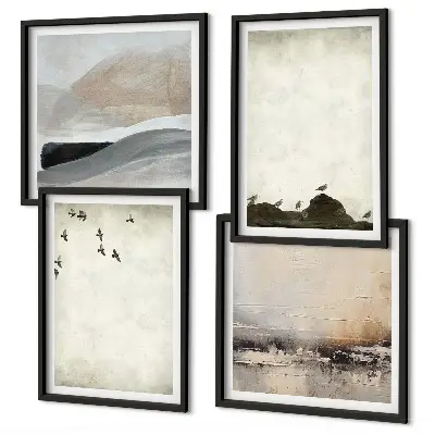Conjunto de 4 quadros com moldura com estampa de pássaros e pedras