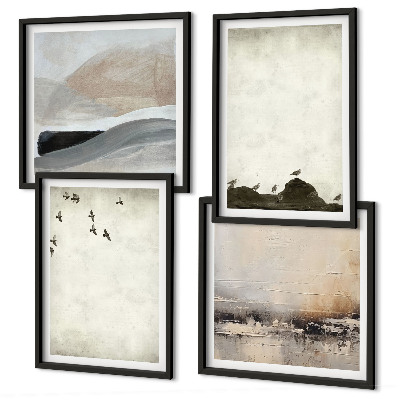 Conjunto de 4 quadros com moldura Decorações com pinceladas de pássaros e pedras