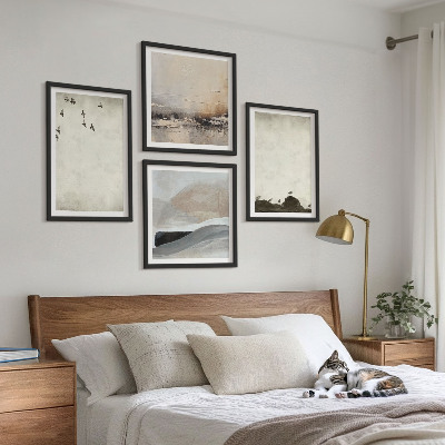 Conjunto de 4 quadros com moldura Decorações com pinceladas de pássaros e pedras
