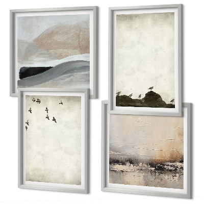 Conjunto de 4 quadros com moldura Decorações com pinceladas de pássaros e pedras