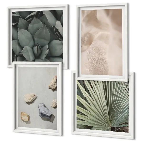 Conjunto de 4 quadros com moldura com estampas de texturas de pedra, madeira e tecido
