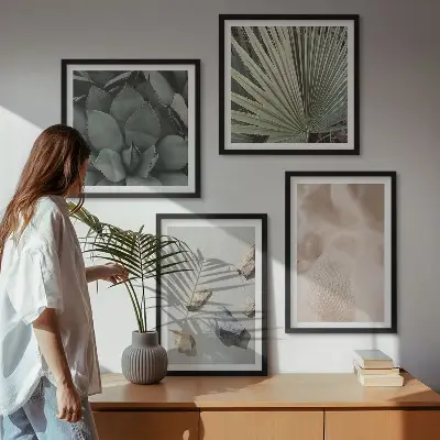 Conjunto de 4 quadros com moldura com estampas de texturas de pedra, madeira e tecido