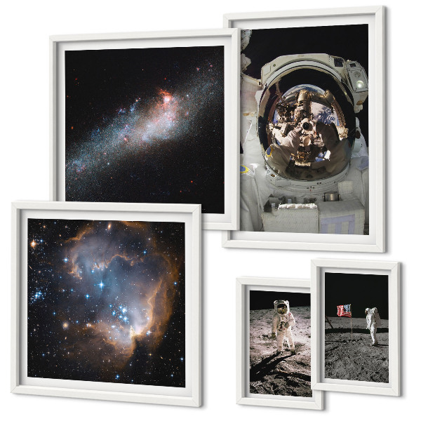 Conjunto de 5 quadros com moldura Astronautas pousando na Lua