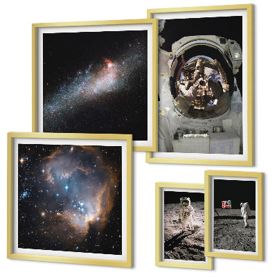 Conjunto de 5 quadros com moldura Astronautas pousando na Lua