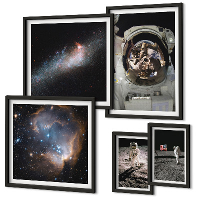 Conjunto de 5 quadros com moldura Astronautas pousando na Lua