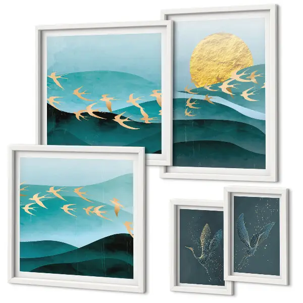 Conjunto de 5 quadros decorativos com a harmonia entre pássaros e ondas em estilo moderno