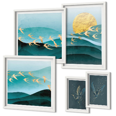 Conjunto de 5 quadros decorativos A harmonia entre pássaros e ondas em um estilo moderno.