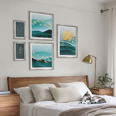 Conjunto de 5 quadros decorativos A harmonia entre pássaros e ondas em um estilo moderno.
