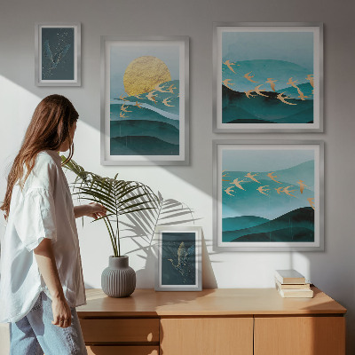 Conjunto de 5 quadros decorativos A harmonia entre pássaros e ondas em um estilo moderno.