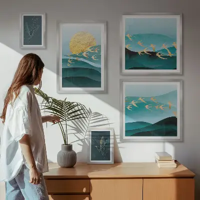 Conjunto de 5 quadros decorativos com a harmonia entre pássaros e ondas em estilo moderno